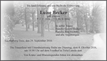 Traueranzeige von Luise Becker von Gießener Allgemeine, Alsfelder Allgemeine