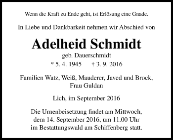 Traueranzeige von Adelheid Schmidt von Licher Wochenblatt, Licher Wochenblatt, Licher Wochenblatt