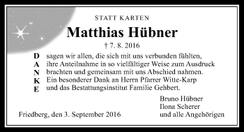 Traueranzeige von Matthias Hübner von Wetterauer Zeitung, Wetterauer Zeitung