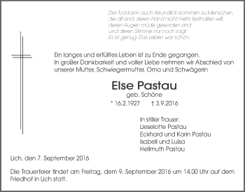 Traueranzeige von Else Pastau von Gießener Allgemeine, Alsfelder Allgemeine