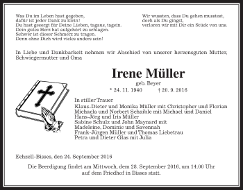 Traueranzeige von Irene Müller von Wetterauer Zeitung, Wetterauer Zeitung