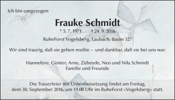Traueranzeige von Frauke Schmidt von Gießener Allgemeine, Alsfelder Allgemeine