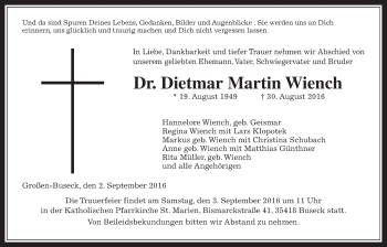 Traueranzeige von Dietmar Martin Wiench von Gießener Allgemeine, Alsfelder Allgemeine