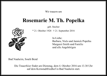 Traueranzeige von Rosemarie Popelka von Wetterauer Zeitung, Wetterauer Zeitung