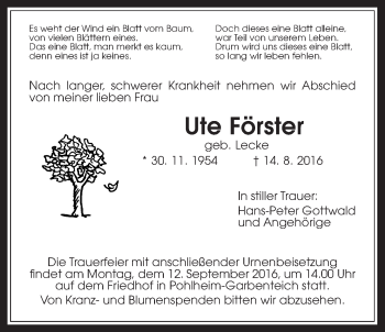 Traueranzeige von Ute Förster von Pohlheimer Nachrichten