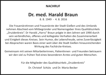 Traueranzeige von Harald Braun von Gießener Allgemeine, Alsfelder Allgemeine