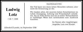 Traueranzeige von Ludwig Lotz von Allendorfer Mitteilungen, Rabenauer Zeitung