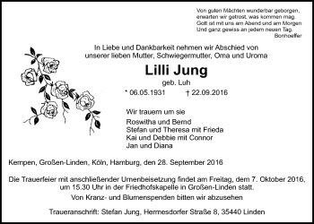 Traueranzeige von Lilly Jung von Gießener Allgemeine, Alsfelder Allgemeine