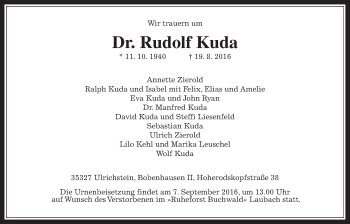 Traueranzeige von Rudolf Kuda von Alsfelder Allgemeine