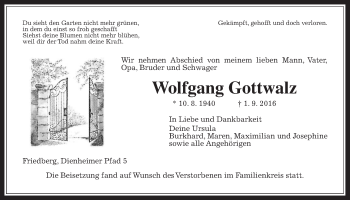 Traueranzeige von Wolfgang Gottwalz von Wetterauer Zeitung, Wetterauer Zeitung