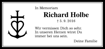 Traueranzeige von Richard Holbe von Wetterauer Zeitung, Wetterauer Zeitung