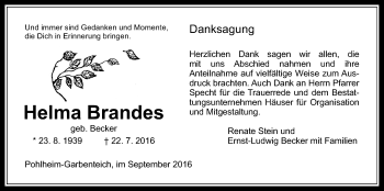 Traueranzeige von Helma Brandes von Pohlheimer Nachrichten