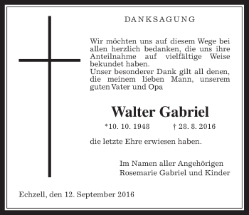 Traueranzeige von Walter Gabriel von Wetterauer Zeitung, Wetterauer Zeitung