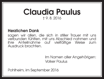 Traueranzeige von Claudia Paulus von Gießener Allgemeine, Alsfelder Allgemeine