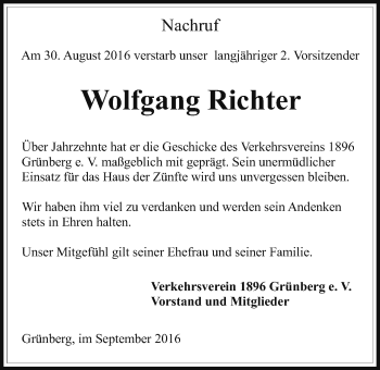 Traueranzeige von Wolfgang Richter von Gießener Allgemeine, Alsfelder Allgemeine
