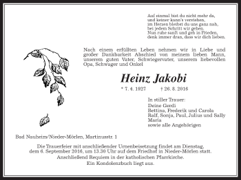 Traueranzeige von Heinz Jakobi von Wetterauer Zeitung, Wetterauer Zeitung