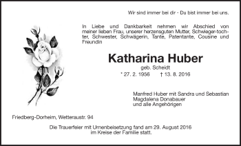 Traueranzeige von Katharina Huber von Wetterauer Zeitung, Wetterauer Zeitung