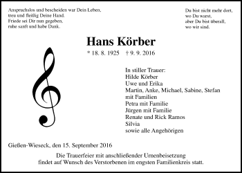 Traueranzeige von Hans Körber von Gießener Allgemeine, Alsfelder Allgemeine
