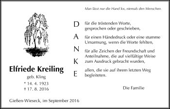 Traueranzeige von Elfriede Kreiling von Gießener Allgemeine, Alsfelder Allgemeine