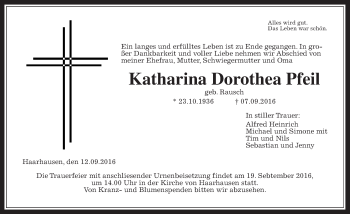 Traueranzeige von Katharina Dorothea Pfeil von Alsfelder Allgemeine
