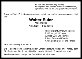 Traueranzeige von Walter Euler von Gießener Allgemeine, Alsfelder Allgemeine