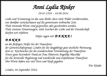 Traueranzeige von Anni Lydia Rinker von Gießener Allgemeine, Alsfelder Allgemeine