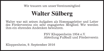 Traueranzeige von Walter Sülberg von Wetterauer Zeitung, Wetterauer Zeitung
