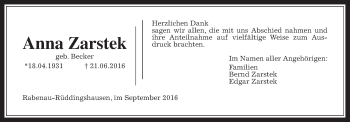 Traueranzeige von Anna Zarstek von Rabenauer Zeitung
