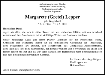 Traueranzeige von Margarete Lepper von Gießener Allgemeine, Alsfelder Allgemeine