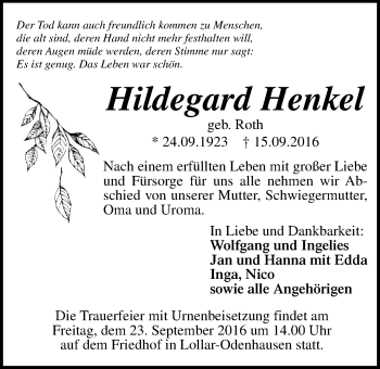 Traueranzeige von Hildegard Henkel von Gießener Allgemeine, Alsfelder Allgemeine