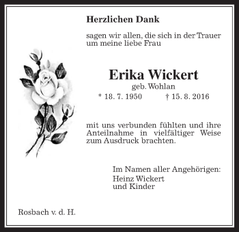 Traueranzeige von Erika Wickert von Wetterauer Zeitung, Wetterauer Zeitung