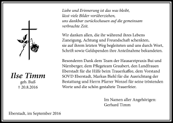 Traueranzeige von Ilse Timm von Licher Wochenblatt, Licher Wochenblatt, Licher Wochenblatt