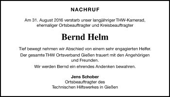 Traueranzeige von Bernd Helm von Gießener Allgemeine, Alsfelder Allgemeine
