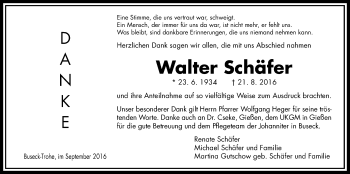 Traueranzeige von Walter Schäfer von Gießener Allgemeine, Alsfelder Allgemeine