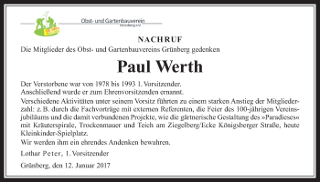 Traueranzeige von Paul Werth von Heimatzeitung Grünberg + Laubach, Laubacher Anzeiger