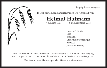 Traueranzeige von Helmut Hofmann von Wetterauer Zeitung, Wetterauer Zeitung