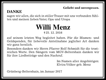 Traueranzeige von Willi Menz von Gießener Allgemeine, Alsfelder Allgemeine