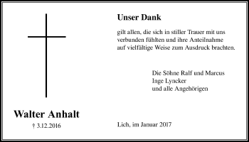 Traueranzeige von Walter Anhalt von Licher Wochenblatt, Licher Wochenblatt, Licher Wochenblatt
