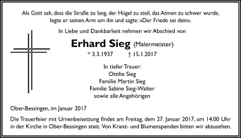 Traueranzeige von Erhard Sieg von Licher Wochenblatt, Licher Wochenblatt, Licher Wochenblatt