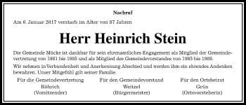 Traueranzeige von Heinrich Stein von Mücker Stimme