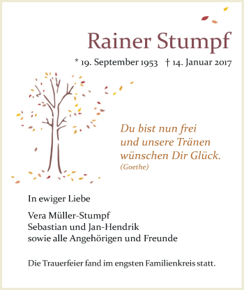 Traueranzeige von Rainer Stumpf von Wetterauer Zeitung, Wetterauer Zeitung