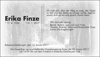 Traueranzeige von Erika Finze von Gießener Allgemeine, Alsfelder Allgemeine