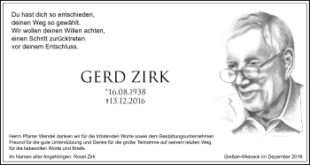 Traueranzeige von Gerd Zirk von Gießener Allgemeine, Alsfelder Allgemeine