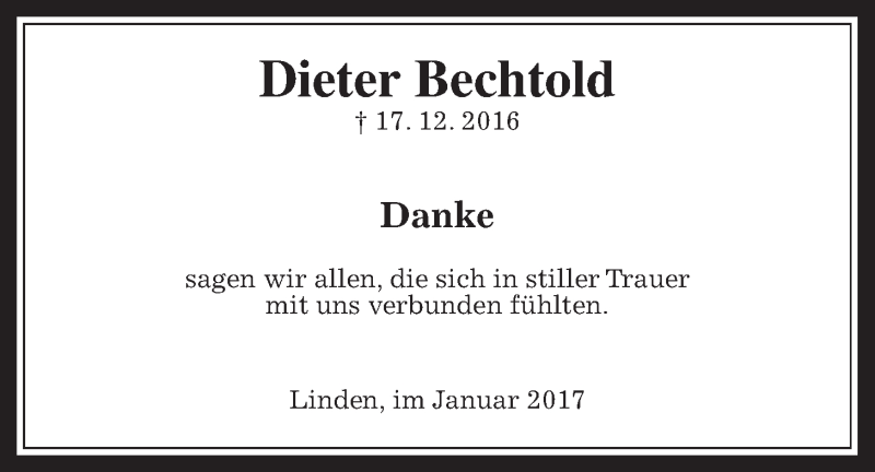  Traueranzeige für Dieter Bechtold vom 06.01.2017 aus Gießener Allgemeine, Alsfelder Allgemeine