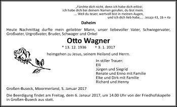 Traueranzeige von Otto Wagner von Gießener Allgemeine, Alsfelder Allgemeine