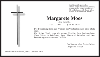 Traueranzeige von Margarete Moos von Gießener Allgemeine, Alsfelder Allgemeine