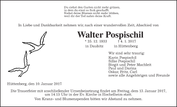 Traueranzeige von Walter Pospischil von Gießener Allgemeine, Alsfelder Allgemeine