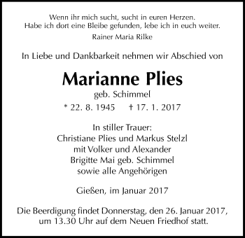 Traueranzeige von Marianne Plies von Gießener Allgemeine, Alsfelder Allgemeine