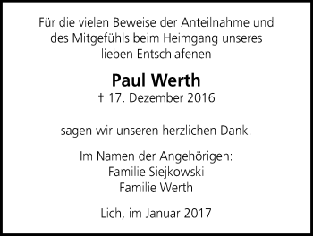 Traueranzeige von Paul Werth von Licher Wochenblatt, Licher Wochenblatt, Licher Wochenblatt