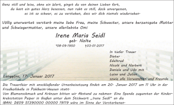 Traueranzeige von Irene Maria Seidl von Gießener Allgemeine, Alsfelder Allgemeine